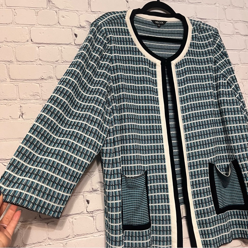 Misook Knit Open Front Jacket Blue White Black Patterned Cardigan Pockets Sz 2X - Picture 2 of 7